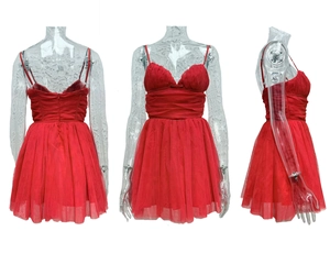 Three-view layout of a red mesh mini dress showing front, back, and side details