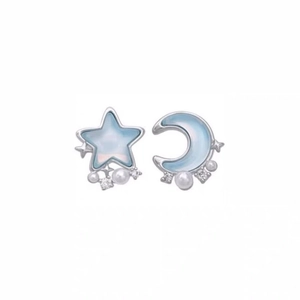 Asymmetric blue star and moon pearl earrings with silver border and zircon accents