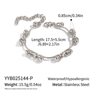 Detail showing silver stainless steel ball chain bracelet measurements and specifications