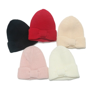 Kids Knitted Beanie Hat Large Bow Decor Winter Warm Soft Acrylic Toddler Baby Girls Solid Color