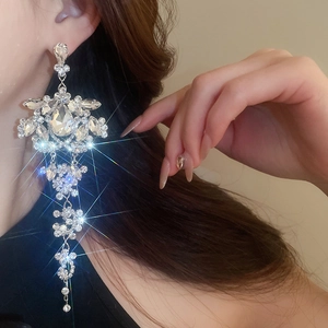 Close-up of sparkling rhinestone tassel drop earrings with crystal flower design