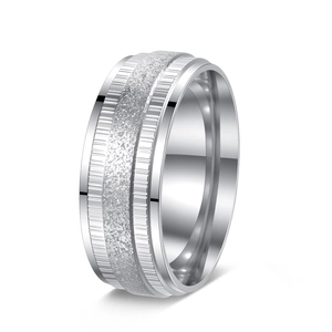 Detail of silver men's ring with a frosted texture band and polished steel edges