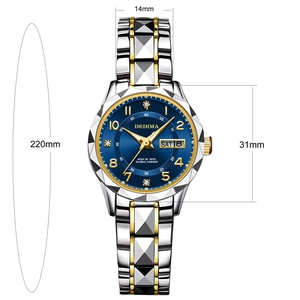 Detailed view of women's watch with blue dial, dual calendar, and dimension markings