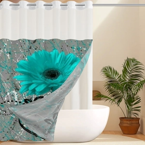 Detail of waffle fabric shower curtain with teal floral pattern and metal grommets