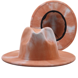 Tie-dye felt fedora hat in orange and white with wide brim and dual view perspective
