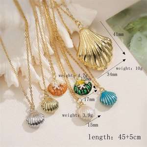 Detail showing shell pendant dimensions and weights for a brass enamel necklace