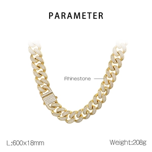 Detailed parameter display for iced-out gold Cuban link necklace with rhinestones
