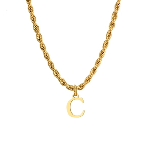 Polished gold stainless steel letter C pendant on a classic twisted rope chain necklace
