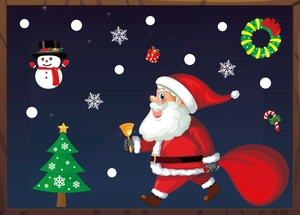 Close-up of static Christmas window decals featuring Santa, snowman and festive tree