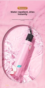 Detail of pink folding umbrella with apple pattern showing waterproof coating in water
