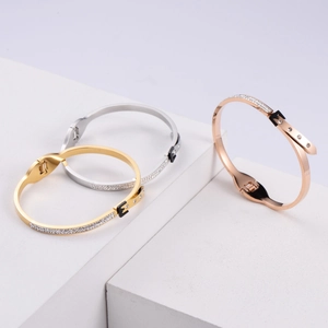 Three-piece set of belt-buckle titanium steel bangles with rhinestones in gold silver rose gold
