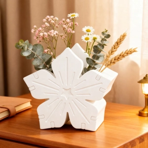 Minimalist white ceramic flower shaped vase with dried floral bouquet on wooden desk
