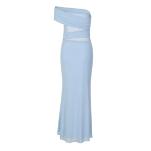 Detail of light blue one-shoulder dress with sheer mesh waist panel and soft drape