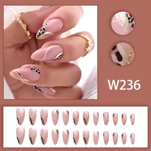 Pink almond press-on nails set with leopard print and gold accents, includes 24 pieces