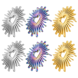Three-color set of heart sunburst stud earrings in steel, rainbow, and gold finishes
