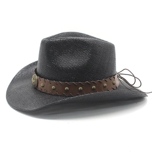 Classic black straw western cowboy hat with brown studded band and star metal badge