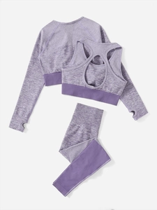 Ensemble de yoga en tricot sans couture violet avec haut à manches longues brassière et legging