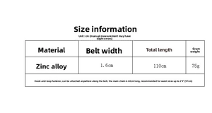 Size chart for adjustable metal ring belt with 1.6cm width and 110cm total length