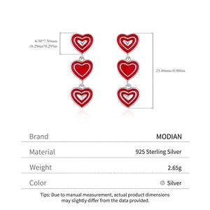 S925 Sterling silver triple red enamel heart drop earrings measuring 23mm in length