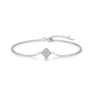 Elegant S925 sterling silver clover bracelet with sparkling round zircons on white background