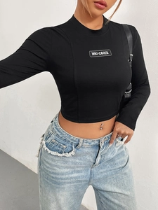 Damen Langarm Crop Top T-Shirt Stehkragen Baumwolle Polyester Slim Fit Einfarbig Who Cares Patch Streetwear