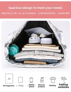 Spacious interior of silver waterproof gym bag showing storage for tablet and clothes