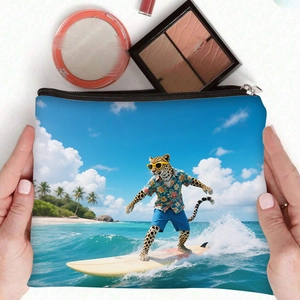 Blaue Kosmetiktasche aus Canvas mit Cartoon-Leopard-Surfprint und sicherem Reißverschluss
