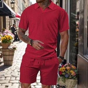 Men's summer red leisure set with striped texture polo shirt and matching shorts