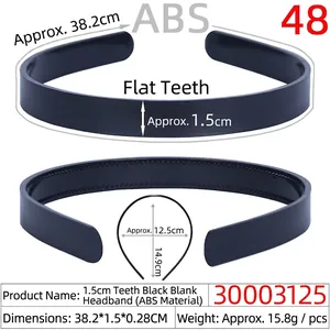 Detail view of 1.5cm wide black ABS headband with non-slip teeth and technical dimensions