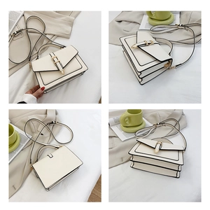 Detailed views showing the front, side, and back of the beige crossbody bag with gold hardware