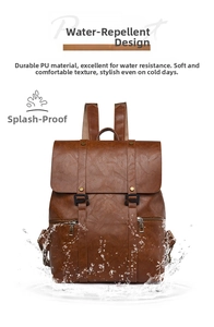 Nahaufnahme brauner Vintage-Rucksack aus PU-Leder mit wasserfestem Spritzschutz-Effekt
