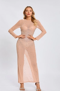Detailed close-up of nude mesh gown featuring intricate silver rhinestone embellishments