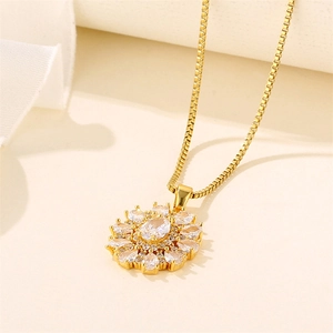 Golden sunflower necklace with zircon oval pendant on box chain for women minimalist style