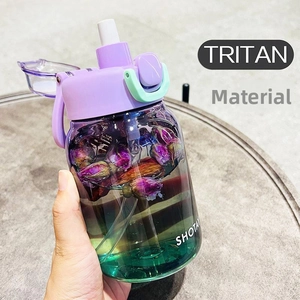 Macro detail of Tritan plastic water bottle showing purple lid and mint green safety lock