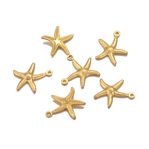 Detailed close-up of six gold starfish pendants for DIY jewelry with realistic textures