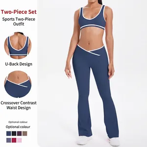 Women's Yoga Set Color Block Cross Waist High Waisted Flare Leggings And U-Neck Bra Top Athleisure Sportswear For Fitness Workout