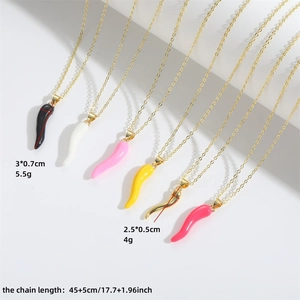 Colorful chili pepper pendant necklace with gold chain in multiple enamel finishes