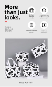 Waterproof cow print makeup bag set with four pieces including a travel vanity case