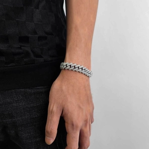 Men's 12mm hip hop silver double row iced out cuban link bracelet with clear crystals