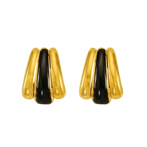 Fashionable 18k gold plated stainless steel earrings with black enamel striped design
