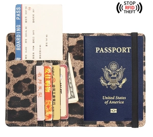 Detail view of the RFID-blocking leopard print passport holder with multi-card slots
