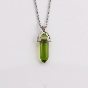 Hexagonal column green crystal bullet pendant with silver woven chain necklace