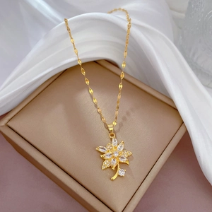 Titanium steel flower pendant necklace with sparkling zircon crystals in a gift box