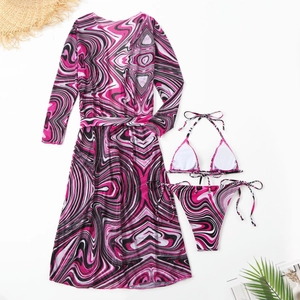 Detailed flat lay of a 3-piece bikini set with marble print and long sleeve mesh dress