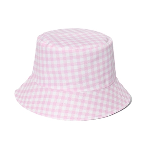 Pink and white gingham cotton bucket hat for women with a classic round brim and sun protection
