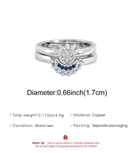 Detail showing dimensions and material of sun and moon ring set in silver finish