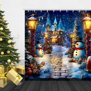 Wasserdichter Weihnachts-Duschvorhang mit Schneemannmotiv und winterlicher Abendlandschaft