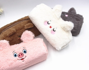 Plush animal pencil cases in pig, rabbit, and bear designs with soft faux fur texture