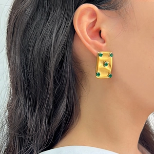 French vintage 18K gold plated rectangular stud earrings with green zircon accents
