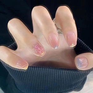 Unghie Finte A Pressione Corte Tonde Simpatico Orso 3D Strass Sfumato Rosa Decorazione Perla Artificial Unghie Artificiali Colla